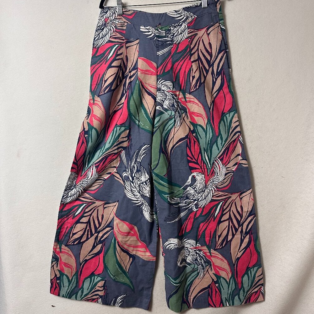 Wide Leg Floral Print Pants in Navy with Multicolor Leaves